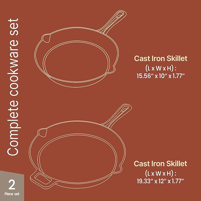 Bakken Cast Iron Skillet Set, 10" & 12" Pre-Seasoned Frying Pans with Even Heat Retention, Versatile for Stove, Oven, Grill & Campfire, Easy-Grip Handles, Hand Wash Only, 4.41 lbs & 6.61 lbs