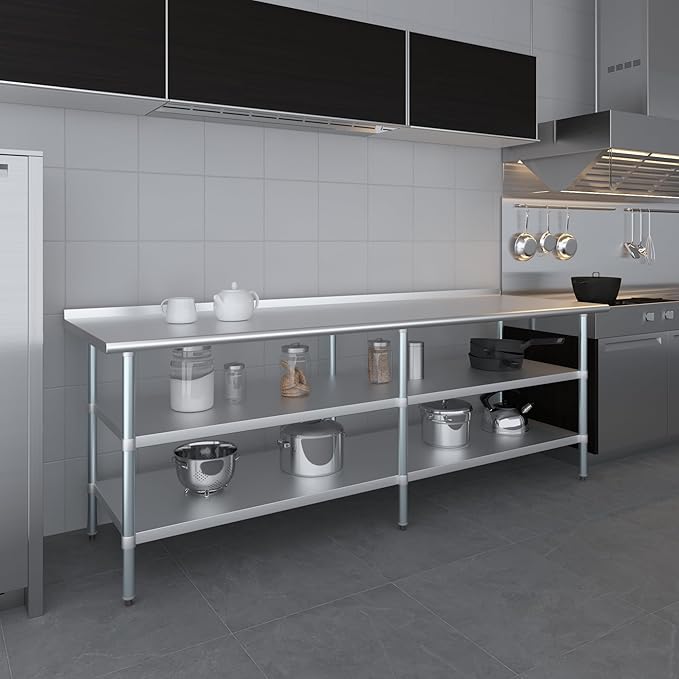AmGood Stainless Steel Work Table with 1.5" Backsplash and 2 Shelves | Metal Kitchen Food Prep Table | NSF (96" Long x 30" Deep)