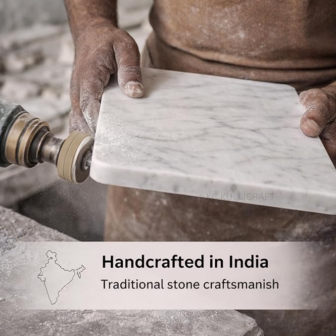 KC KULLICRAFT 8×12 Inches White Marble Cheese & Charcuterie Serving Board – Natural Marble Cutting Board & Pastry Slab with Non‑Slip Feet – Premium Stone Kitchen Tray Gift.