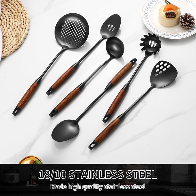 18/10 Stainless Steel Kitchen Utensils Set with Wood Handle Metal Cooking Utensils Set, 6-Piece - Spatula, Spoon, Ladle, Skimmer, Slotted Spoon, Pasta