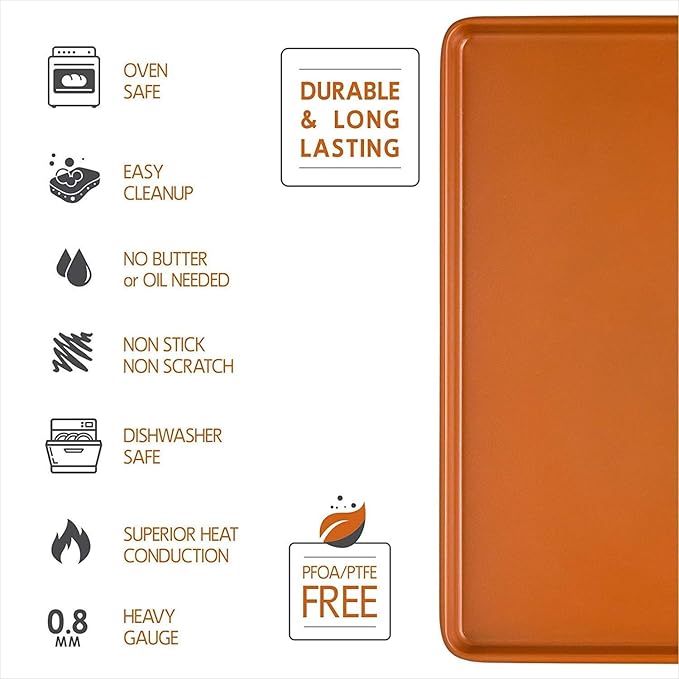Set of 2 Nonstick Copper Cookie Sheet and Copper Coating Baking Pan for Cookies 11" x 16"
