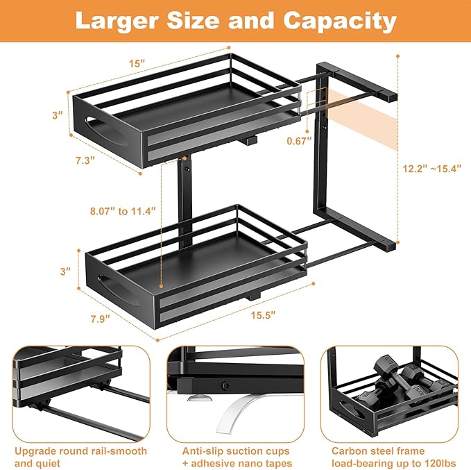Under Sink Organizer, 2 Tier Under Sink Organizers and Storage, Adjustable Height, Slide out Metal Cabinet Organizers, Pull out Cabinet Storage Drawer Shelf for Kitchen Bathroom Black 1Pack