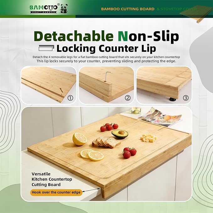 30 x 21 in Extra Large Bamboo Cutting Board, Stovetop Cover, Sink Cover, Noodle Board with Detachable Legs & Detachable Non-Slip Front Lip for Kitchen Countertop