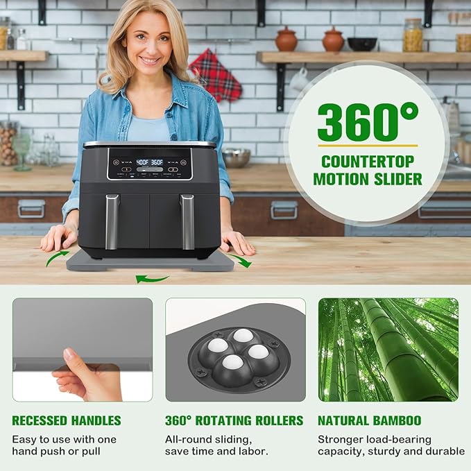 Appliance Slider 360° Rolling Tray for Coffee Maker- Bamboo Coffee Pot Slider Tray for Countertop Rotation Sliding Tray with Wheels, Appliances Mat Easily from Under the Cabinet, Gray (15.7"×13")