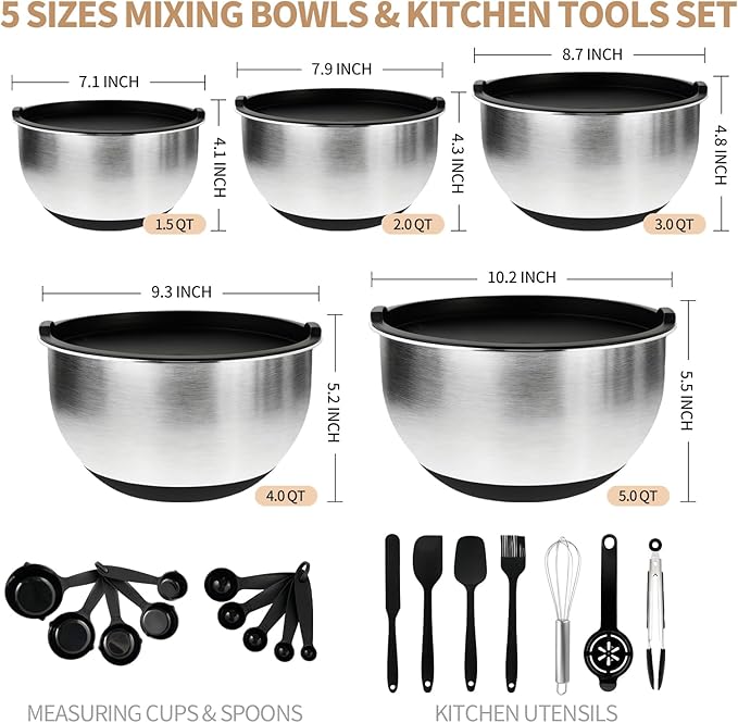 Deedro Premium Mixing Bowls with Airtight Lids Set, 22Pcs Thicker Stainless Steel Mixing Bowl Set, Large Prep Metal Bowls, Non-Slip Silicone Base Nesting Bowls for Kitchen, 1.5/2/3/4/5 QT, Black