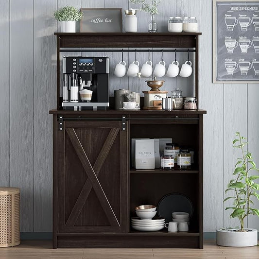 4ever2buy Farmhouse Coffee Bar Cabinet with Hutch, 50 Inch Coffee Bar Hutch with Sliding Barn Door & 6 Hooks for Living Dining Room, Dark Oak | Sliding Barn Door, 6 Hooks