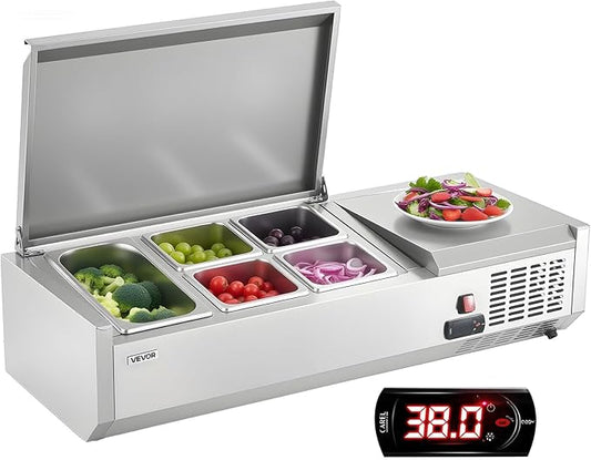 VEVOR Refrigerated Condiment Prep Station, 120 W Countertop Refrigerated Condiment Station, with One 1/3 Pan & Four 1/6 Pans, 304 Stainless Body and PC Lid, Sandwich Prep Table with Stainless Guard