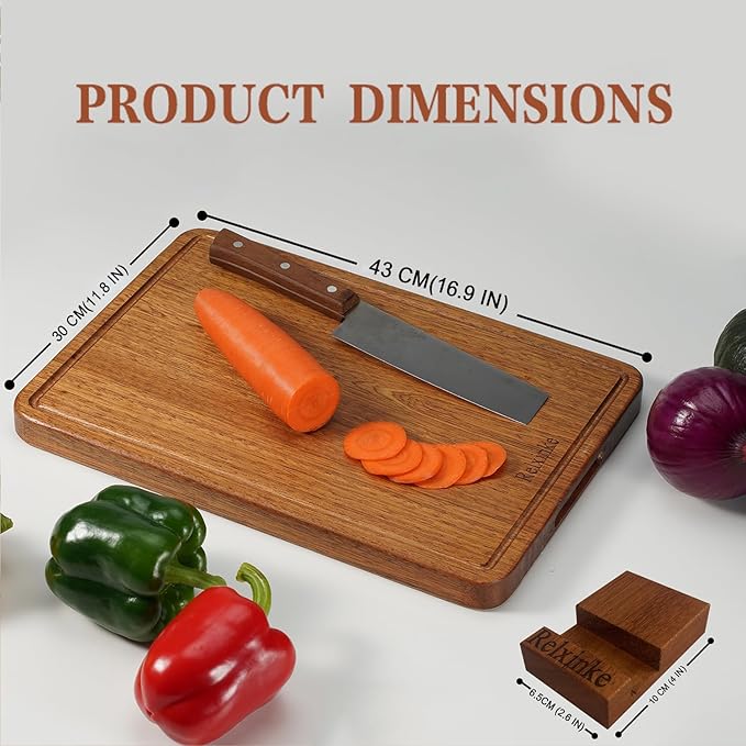 Solid Teak Wood Cutting Board One Piece Non Glued Large Thick Crack Resistant Wooden Chopping Board with DeepJuice Grooves Built in Handles for Kitchen Meat Vegetable 16.9x11.8 IN