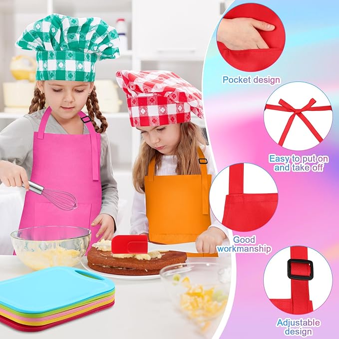 90 Pcs Kids Cooking Set Bulk for Real Food Making Kitchen Baking Tools Supply Fruit Knife Cutting Board Adjustable Children Aprons Egg Beater Spatula Rolling Pin Birthday Christmas Utensils Gift