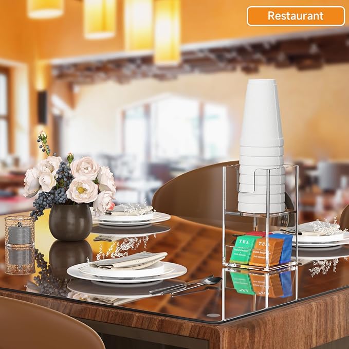 Beego 2-Compartment Cup Holder for Countertop - 2-Tier Clear Acrylic Cup Dispenser Coffee Station Paper Cup and Lid Organizer Condiment Storage for Restaurant Breakroom Kitchen Bar Accessories