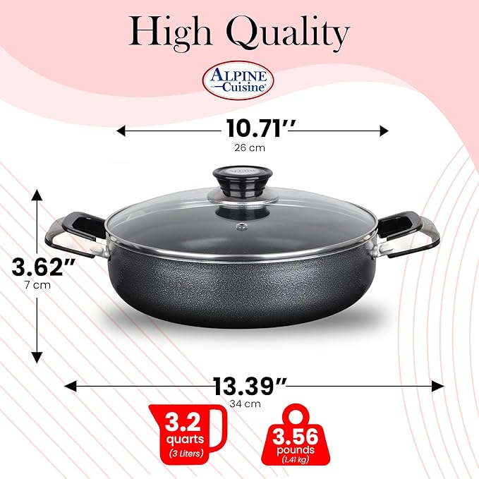Alpine Cuisine 3.2 Quart Non-stick Caldero Stock Pot with Tempered Glass Lid and Carrying Handles, Multi-Purpose Cookware Aluminum Low Pot Dutch Oven for Braising, Boiling, Stewing