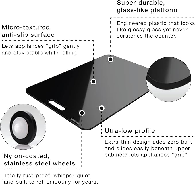 Smoovee - Sliding Surface - Alexa White 13.78 x 11.02 inch, Appliance Rolling Tray for Kitchen Appliances – 360° Wheels, Stainless Steel Hubs, Easy‑Clean Durable Tray