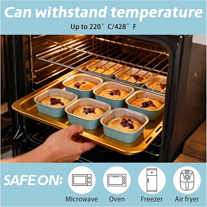 200 Pack 8 oz Mini Cake Pans with Lids, Individual Cake Pans with Lids and Spoons, Aluminum Foil Square Brownie Baking Cups for Ramekins Muffin Cupcake Cheesecake Birthday Party (Blue)