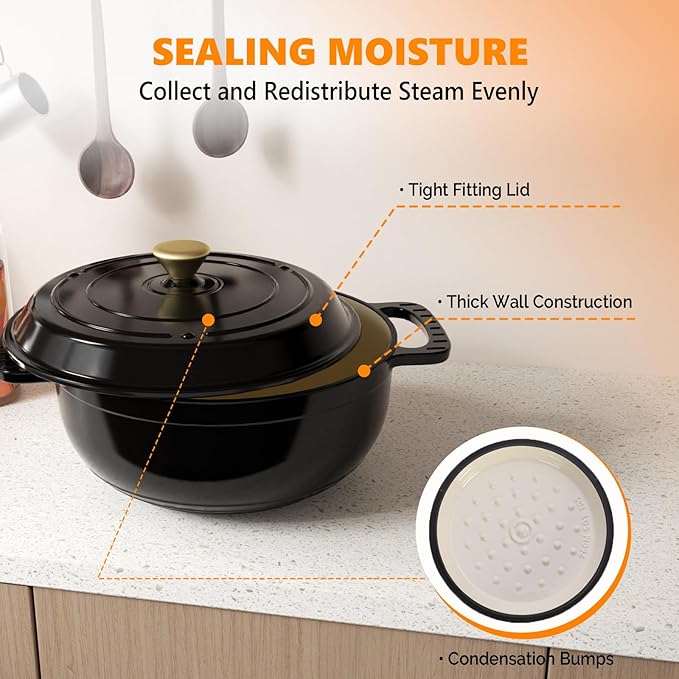 Bonnlo 6QT Round Dutch Oven, Enameled Cast Iron Dutch Oven Pot with Lid & Dual Handles, Oven Safe Up to 500° F, for Sourdough, Bread Baking, Stews and Roasting (Black)