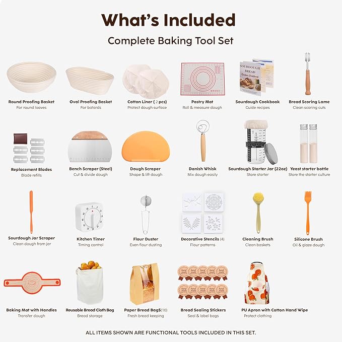 Complete Sourdough Starter Kit with 9" Round & 10" Oval Banneton Proofing Baskets, 22oz Glass Jar, Lame, Whisk, Scraper, Stencils, Slings, Rack, Mat & More – 23-Piece Professional Bread Baking Kit