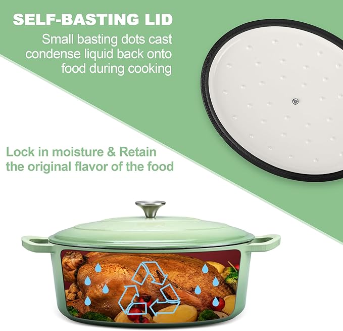 E-far 5QT Oval Dutch Oven Pot with Lid, Enameled Cast Iron Dutch Oven with Dual Handles, Heavy-Duty Cookware for Sourdough Bread Baking, Braising, Stews, Oven Safe & Easy Clean, Green