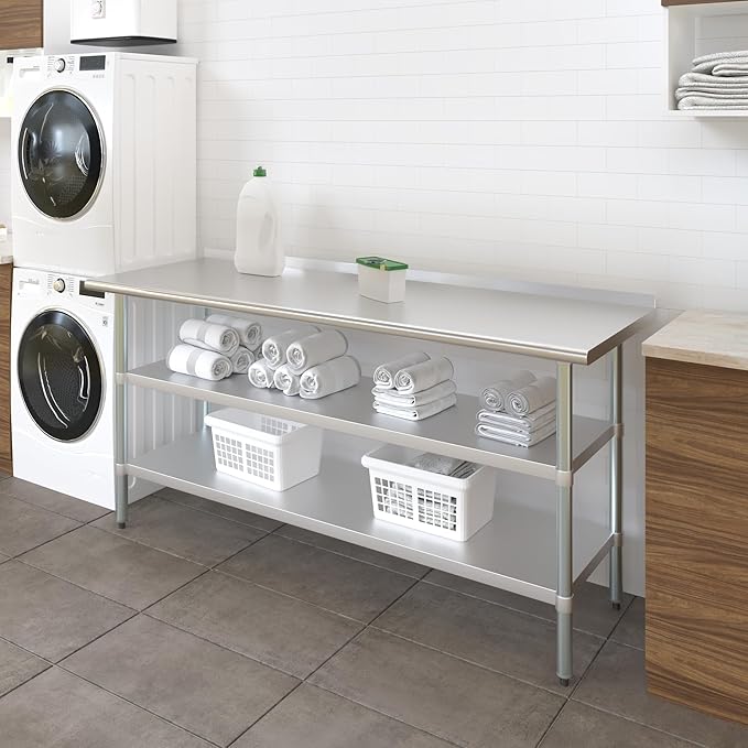 AmGood Stainless Steel Work Table with 1.5" Backsplash and 2 Shelves | Metal Kitchen Food Prep Table | NSF (72" Long x 24" Deep)