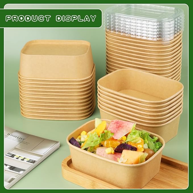 50 Pack 25 oz Paper Bowls, Disposable Food Containers with Lids, Rectangular Disposable Bowls, Disposable Salad Bowls with Lids for Diet Salad, Ice Cream, Yogurt, Party Food