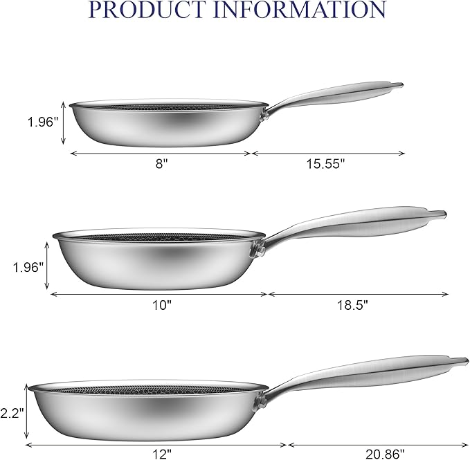 Bielmeier 8, 10, 12 Inch Nonstick Frying Pan，3-Piece Set Stainless Steel Flat Bottom Frying Pan for Gas, Electric & Induction Cooktops, Dishwasher S