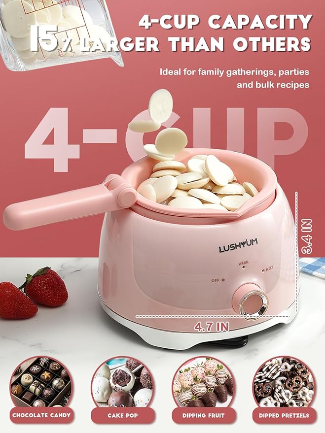 Chocolate Melting Pot Candy Melts Melter with 2 Insert Pots and Spatula, 4 Cups Capacity Warmer Machine, Ideal Dipping Tool Kitchen Supplies for Making Cake Pop Covered Strawberries Fondue