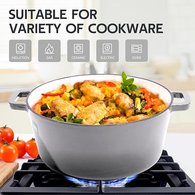 2 in 1 Enameled Cast Iron Dutch Oven Pot 6QT with 2QT Lid - Big Dual Handles - Oven Safe up to 500°F - Classic Round Pot for Versatile Cooking Grey