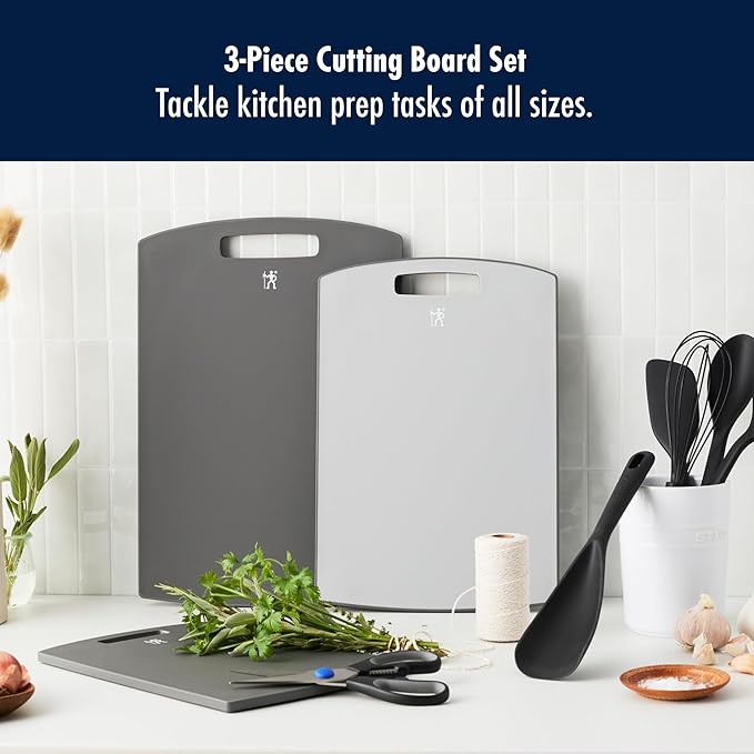 HENCKELS Cutting Board Set, 3-Piece Plastic Kitchen Chopping Boards with Gray Trim, Non-Slip Silicone Feet, BPA-Free, Dishwasher Safe