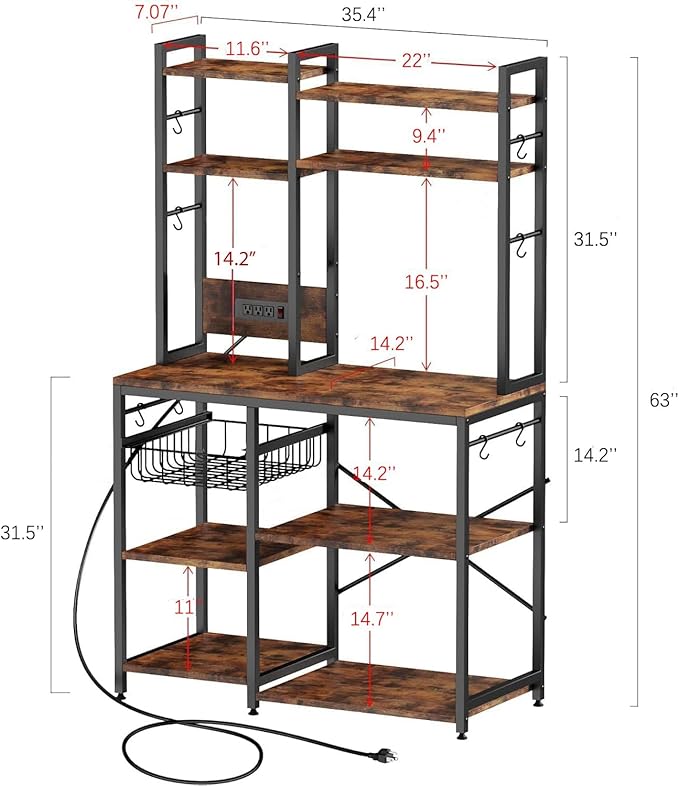 Kitchenshelf Baker’sRack CoffeeBar - , 6-Tier Microwave Stand with Power Outlet, , Coffee Bar with 12 S-Shaped Hooks, Adjustable Feet Pads&150lbs CapacityKitchen Shelf with Wire Basket, Rustic Brown