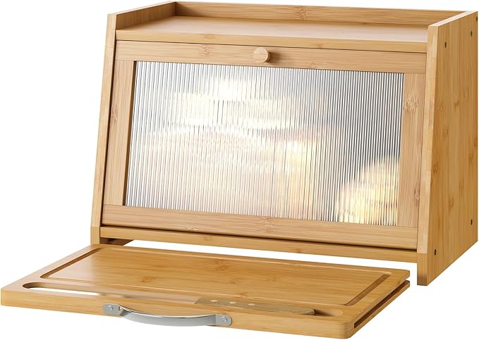 Bread Box with Cutting Board, Bamboo Bread Box for Kitchen Counter, Bread Storage Container with Wavy Arcylic Transparent Door (Natural)