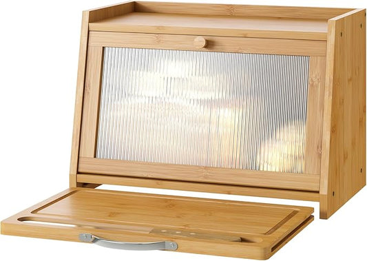Bread Box with Cutting Board, Bamboo Bread Box for Kitchen Counter, Bread Storage Container with Wavy Arcylic Transparent Door (Natural)