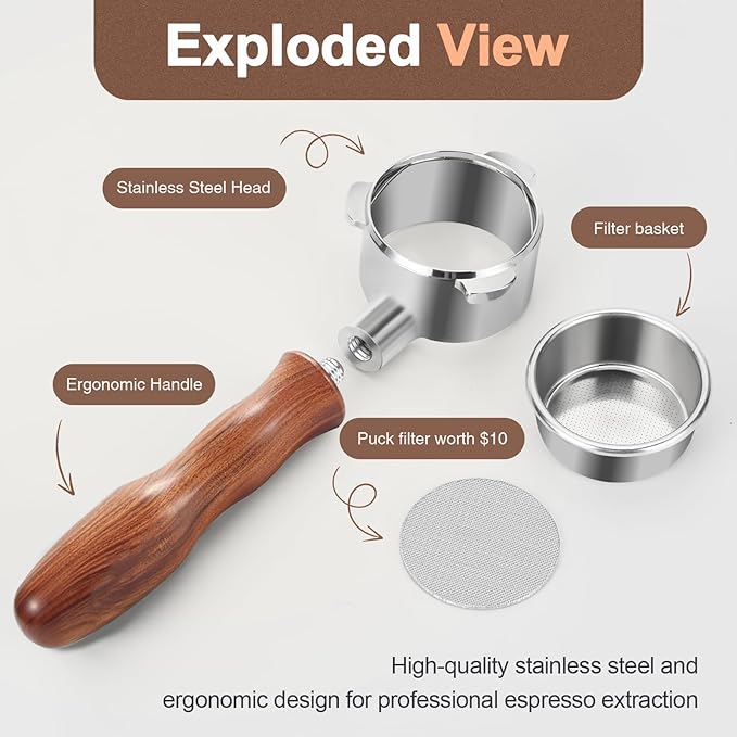 54mm Bottomless Portafilter with Puck Screen, Compatible with Breville BES870/880 & Solis etc., 3-Ear Stainless Head