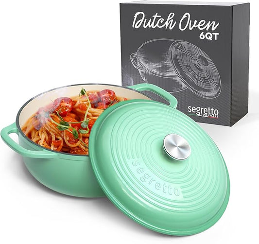 Segretto Cookware Enameled Cast Iron Dutch Oven, 6 Quarts, Light Green