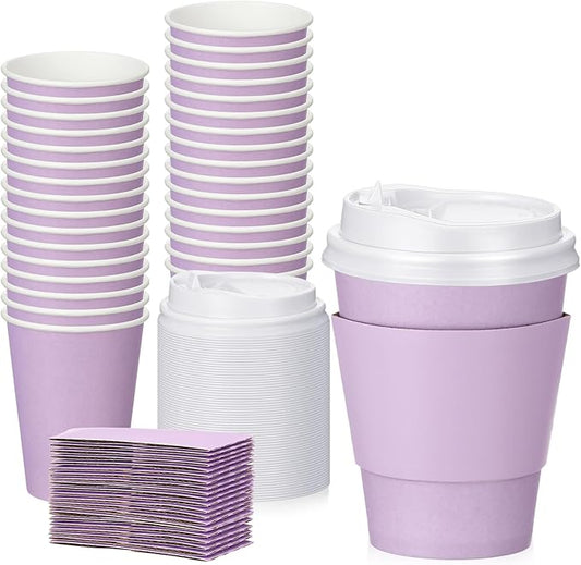 Patelai 48 Pcs 12 oz Disposable Coffee Cups with Lids and Sleeves Bulk, Insulated Hot Chocolate Paper Cup for Hot and Cold Beverage Water Juice Cocoa Party Restaurants Supplies (Macaron Purple)