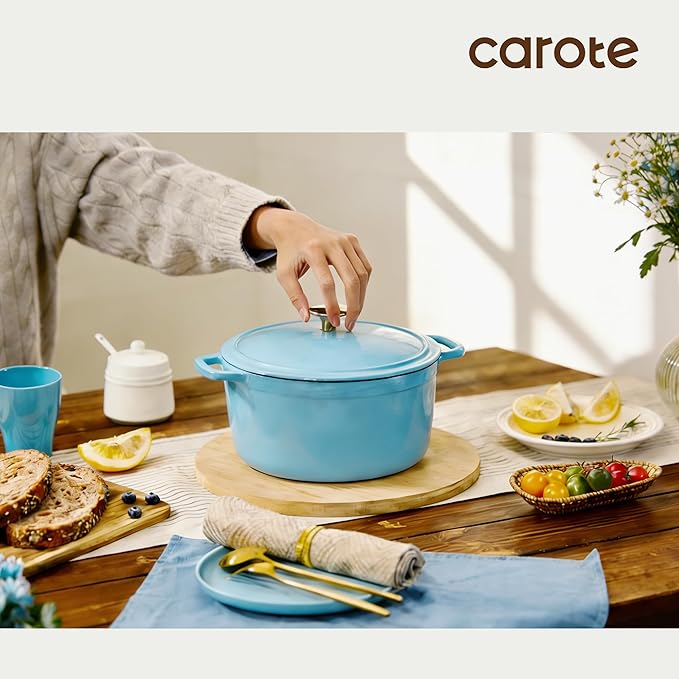 CAROTE 5QT Enameled Cast Iron Dutch Oven Pot with Lid, Heavy-Duty Dutch Ovens for Sourdough Bread Baking, Braising, Roasting, Dual Handles, Healthy & Non-Toxic, All Stovetop Compatible, Oven Safe up to 500° F, Macaron Blue