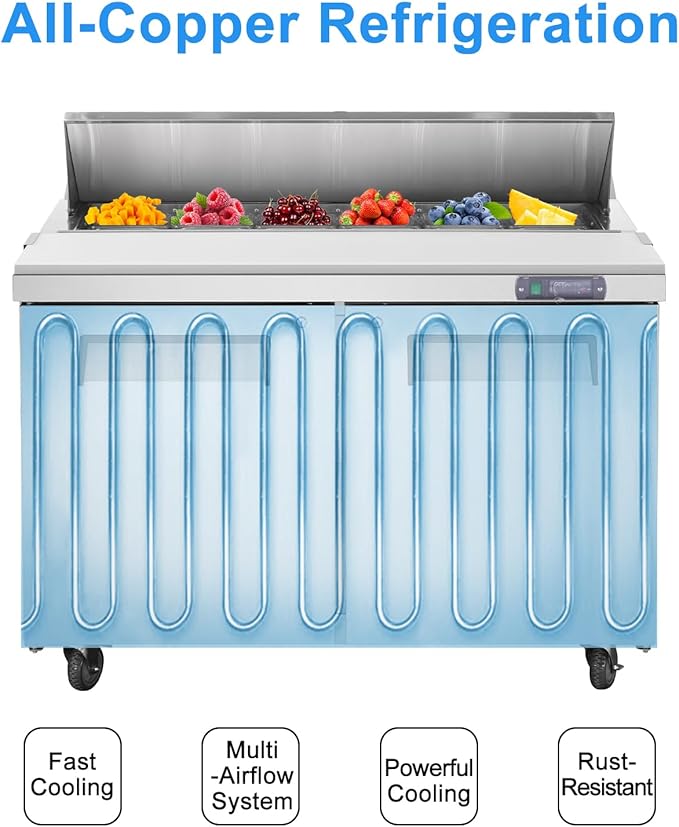JINSONG 48" Commercial Refrigerator Sandwich Prep Table, 2 Door Salad Bar Buffet Station, Stainless Steel Refrigerated Food Prep Table with Cutting Board & 12 Pans for Restaurant Deli Bar