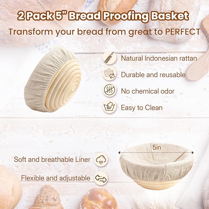 YONILL Mini Double Dutch Oven for Sourdough Bread Baking - Enameled Cast Iron Dutch Oven Pot with Lid and 5" Banneton Bread Proofing Basket Kit, Dual Round Bread Loaf Pan for Homemade Baking (White)