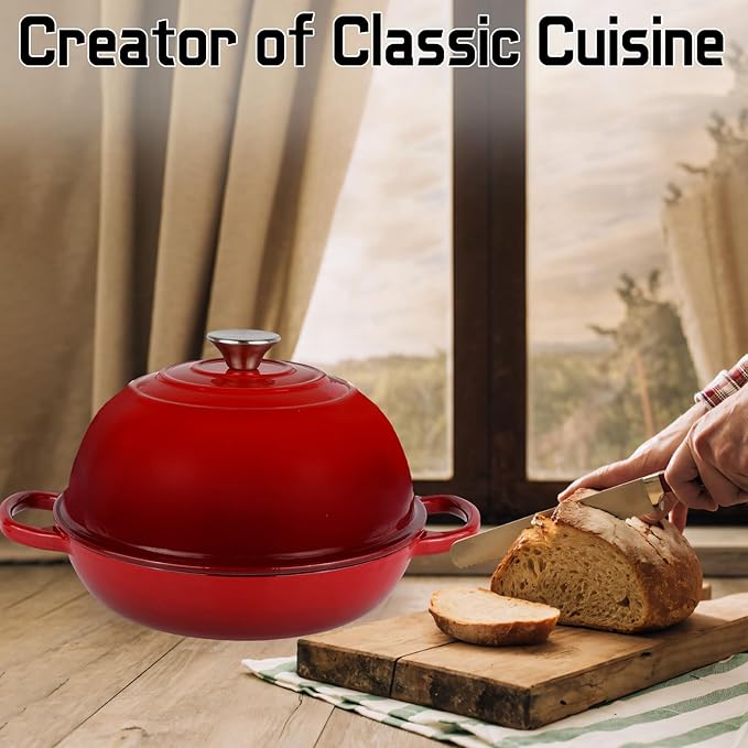 Enameled Cast Iron Bread Oven, Dutch Oven Pot with Lid, 10" Bread Dutch Oven for Sourdough Bread Baking, 6 Quarts Bread Pan with Dome Lid, Non-stick Cookware for Homemade Bread, Red