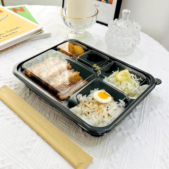 5 Compartment Meal Prep Containers With Lids - (50 Pack) Plastic Food Bento Boxes Stackable Reusable Disposable Microwaveable Safe