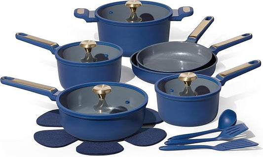 CAROTE Ceramic Cookwar Set, Pots and Pan Set Non Stick 18 Piece, Cookware Set Kitchen Cooking Set Non Toxic, PFAS PTFE Free, Blue