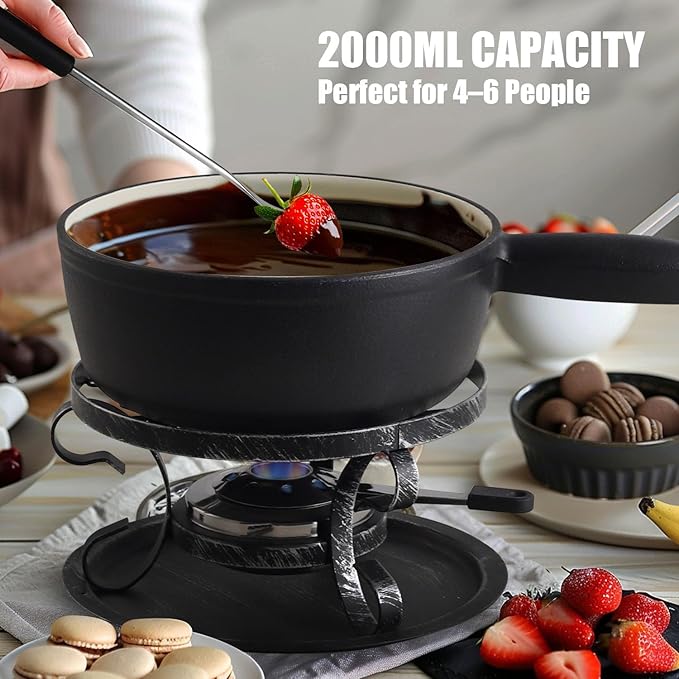 Artestia Cast Iron Fondue Pot Set for Cheese & Chocolate, Fondue Set for 6 with Burner & 6 Forks, Swiss Fondue Pot for Party, Family & Gift, Black