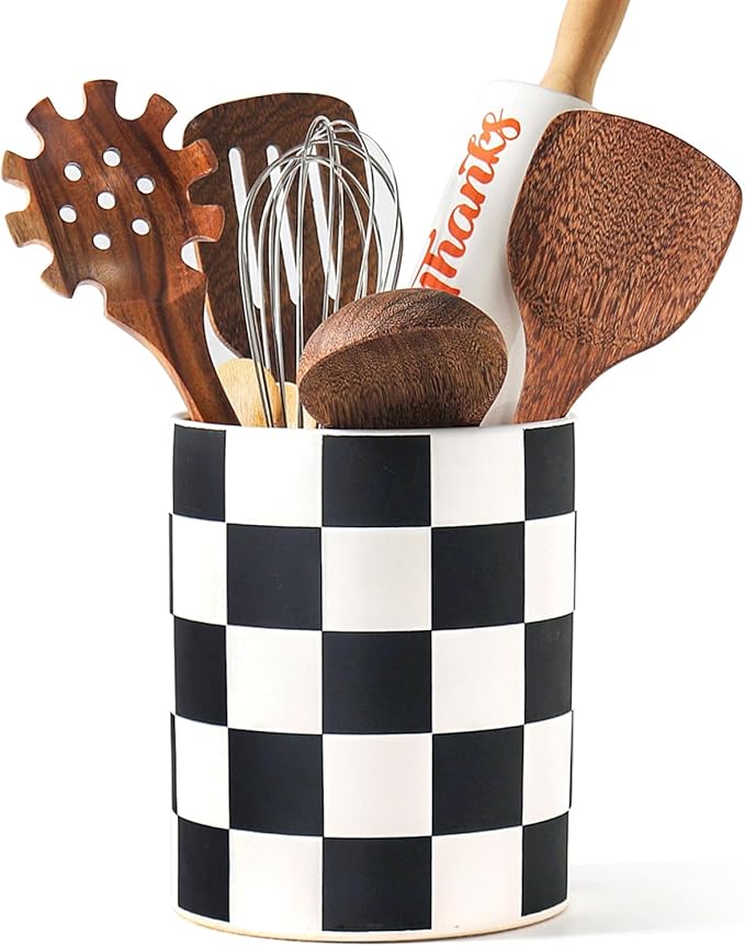 Utensil Holder，7.2 Inch Checkered Utensil Holder, Ceramic Cooking Utensil Spoon/Spatula Holder for Countertop, Kitchen Decor and Accessories for counte(Black)