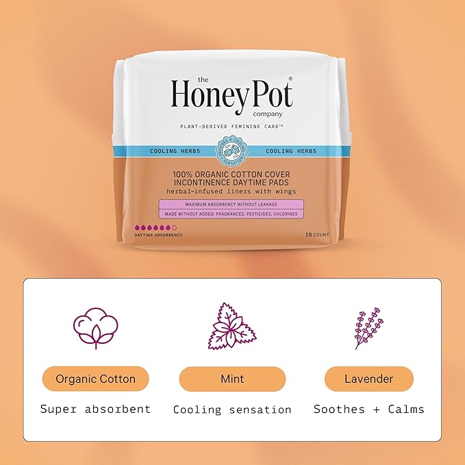 The Honey Pot Company - 64ct - Herbal Pads for Women - Organic Incontinence Daytime w/Wings. Infused w/Essential Oils for Cooling Effect & Postpartum Essentials - Feminine Care