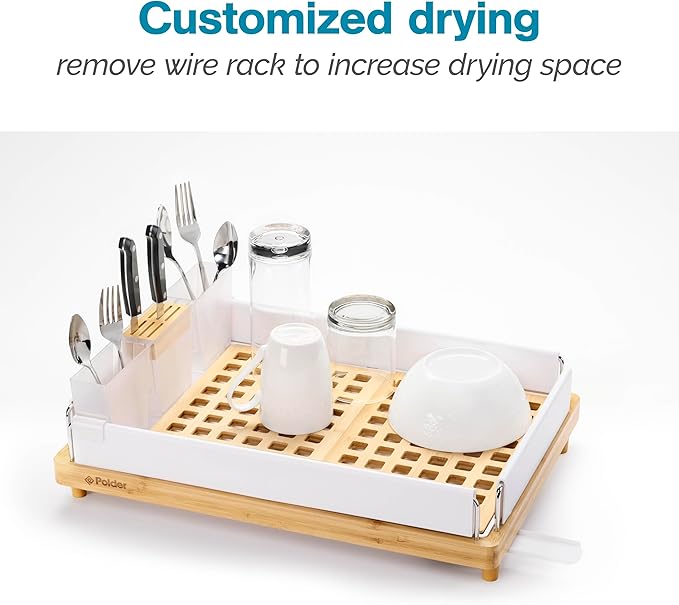 Polder Harmony Dish Rack, Sturdy Dish Drying Rack with 2 Open-Pattern Drain Trays, Dish Racks for Kitchen Counter, Drying Rack for Kitchen Storage, 19.6" x 13.5" x 6.2", White