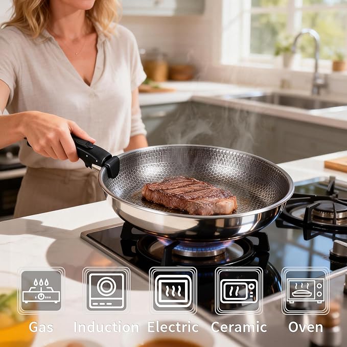 3-Piece Stainless Steel Pan Set with Detachable Handle, Oven Safe Cooking Pan, Multiple Sizes Skillets (10,11,12.5 inch), Induction & Cooktop Compatible Frying Pan
