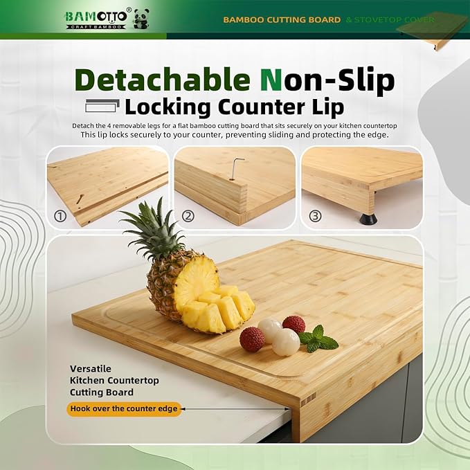 24 x 18 Inch Large Bamboo Cutting Board and Stovetop Cover, Over-the-Sink Board with Detachable Support Legs & Secure Front Lip, Carving and Pasta Board
