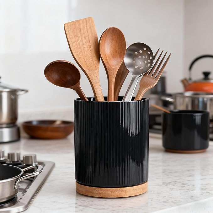 360° Rotating Kitchen Utensil Holder for Countertop, Large Ceramic Utensil Crock Organizer with Non-Scratch Cork Base, Farmhouse Black Cookware Storage Jar, Ideal Housewarming Gift & Christmas Gift