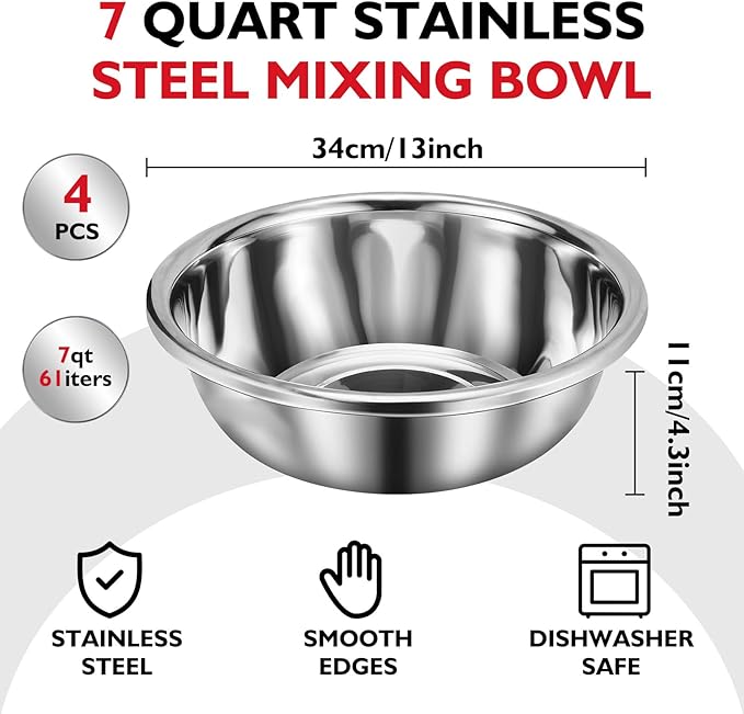 4 Pack 7 Qt 304 Stainless Steel Large Mixing Bowls with Flat Base Polished Mirror Finish Metal Bowls for Home or Commercial Baking Mixing Marinating and Food Preparation