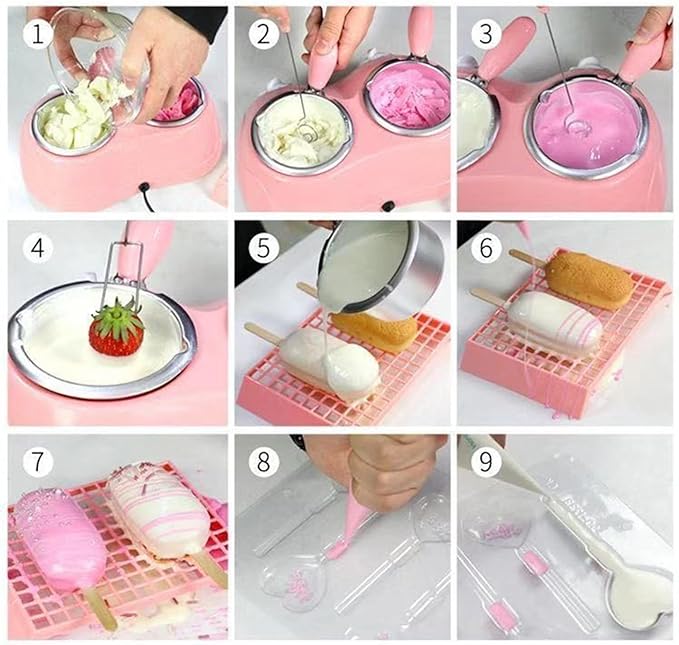 Chocolate Melting Pot with Dual Bowls, 2-Speed Temperature Fondue Maker, Chocolate Melter DIY Moulds for Cheese, Butter, 8.45oz Fondue Warmer Machine for Candy, Desserts, Home Parties Baking (Pink)