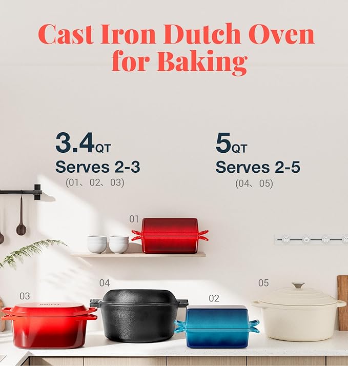 2 IN 1 Cast Iron Bread Loaf Pan with Lid, 3.4QT 9x5 Inch Dutch Oven for Bread Baking, Even Heating Bread Oven, Enameled Bread Pan for Homemade Sourdough Bread Baking & Versatile Cooking, Orange