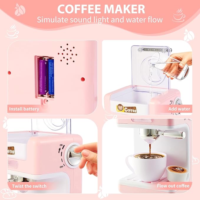 Play Kitchen Accessories, Pretend Play Kitchen Appliances Toy Set with Coffee Maker Machine, Toaster, Mixer, Blender with Realistic Lights & Sounds, Birthday Gifts for Girls Age 3-5 4-8 6-8