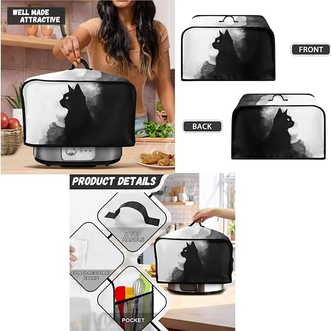 Ink Painting Black Cat Pattern Toaster Covers 2 Slice Wide Slot,3Pcs Set Christmas Bread Machine Cover Slow Cookers Cover Blender Covers with Top Handle and Accessories Pocket Counter Decor